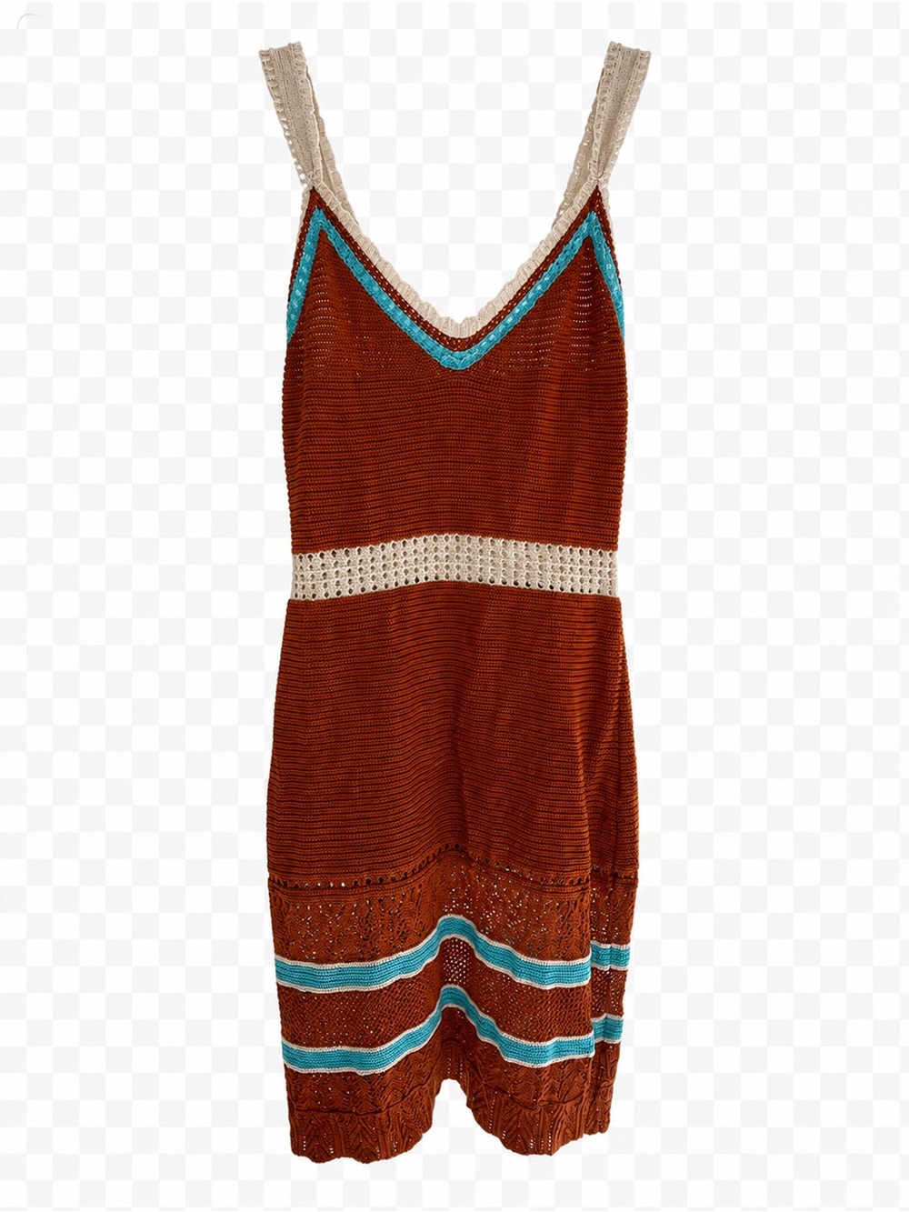 FA Rust Crochet One-Piece Swimsuit with Turquoise and Cream Trim